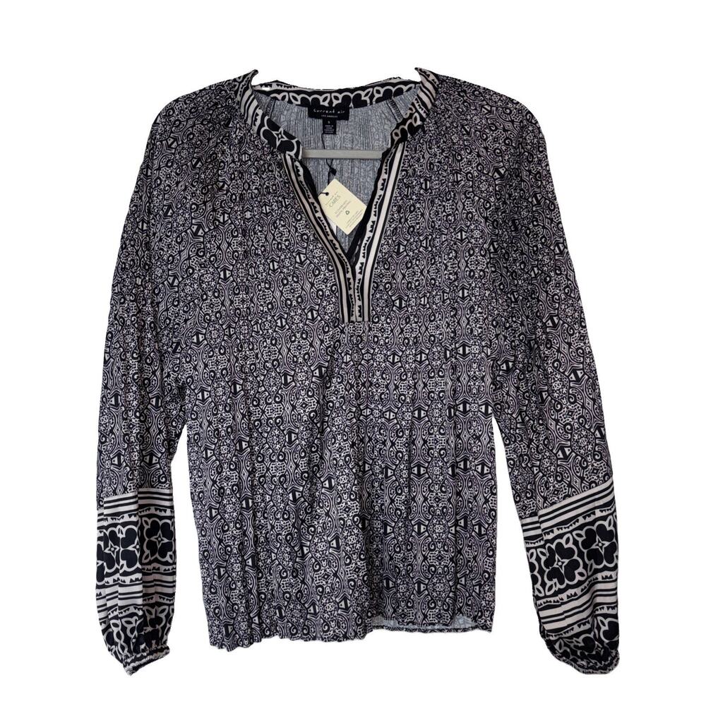 Current Air Los Angeles S Blouse Long Sleeve Vneck Black Geometric Abstract NEW